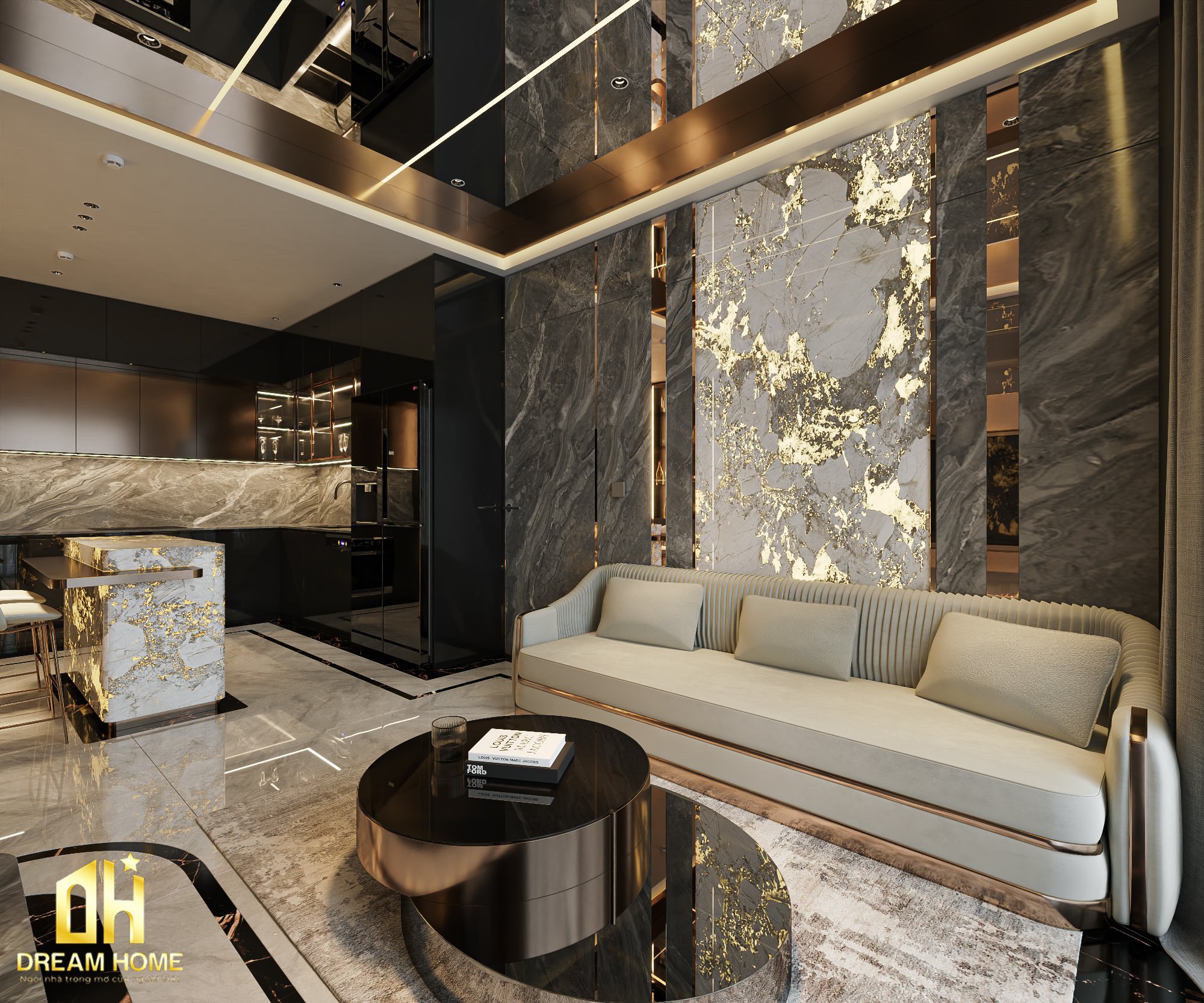 Phong cách thiết kế nội thất hiện đại và đá xuyên sáng tạo ra một không gian sống phong phú