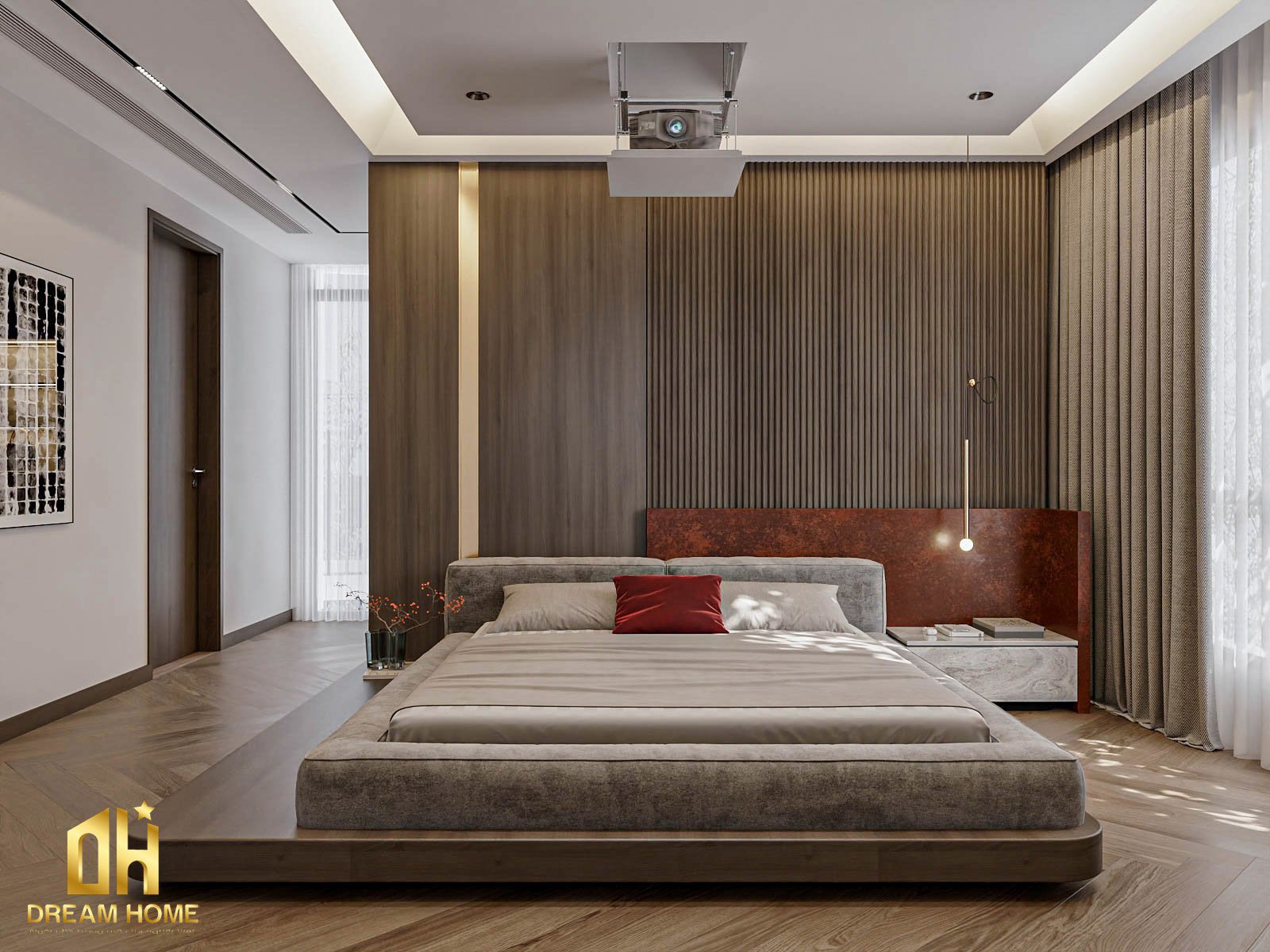 Tường phía sau đầu giường được ốp gỗ tạo ra một không gian phòng ngủ đẳng cấp 