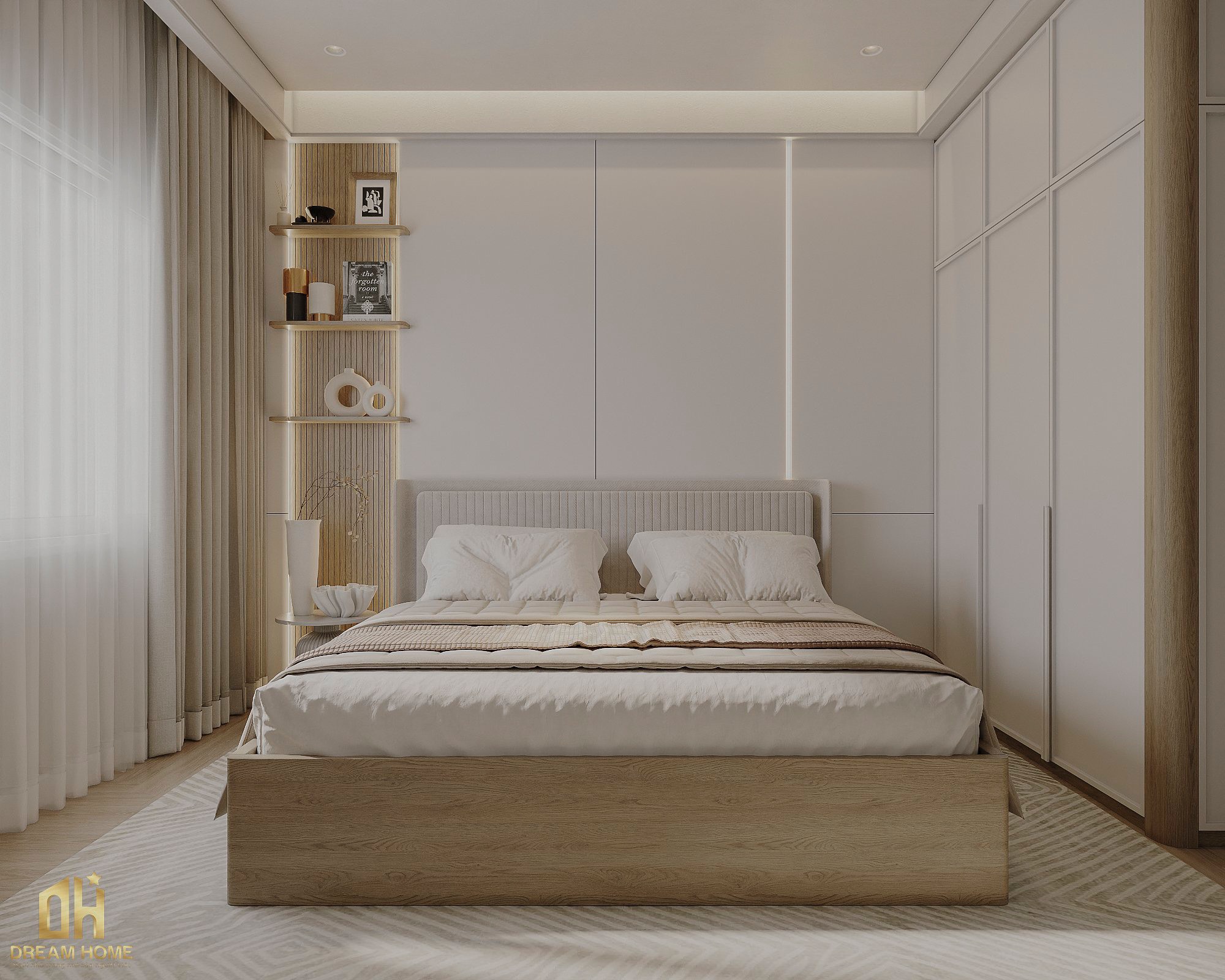 Với khung giường màu vân gỗ, kết hợp cùng ga trải giường mềm mại và những chiếc gối tựa trang nhã.