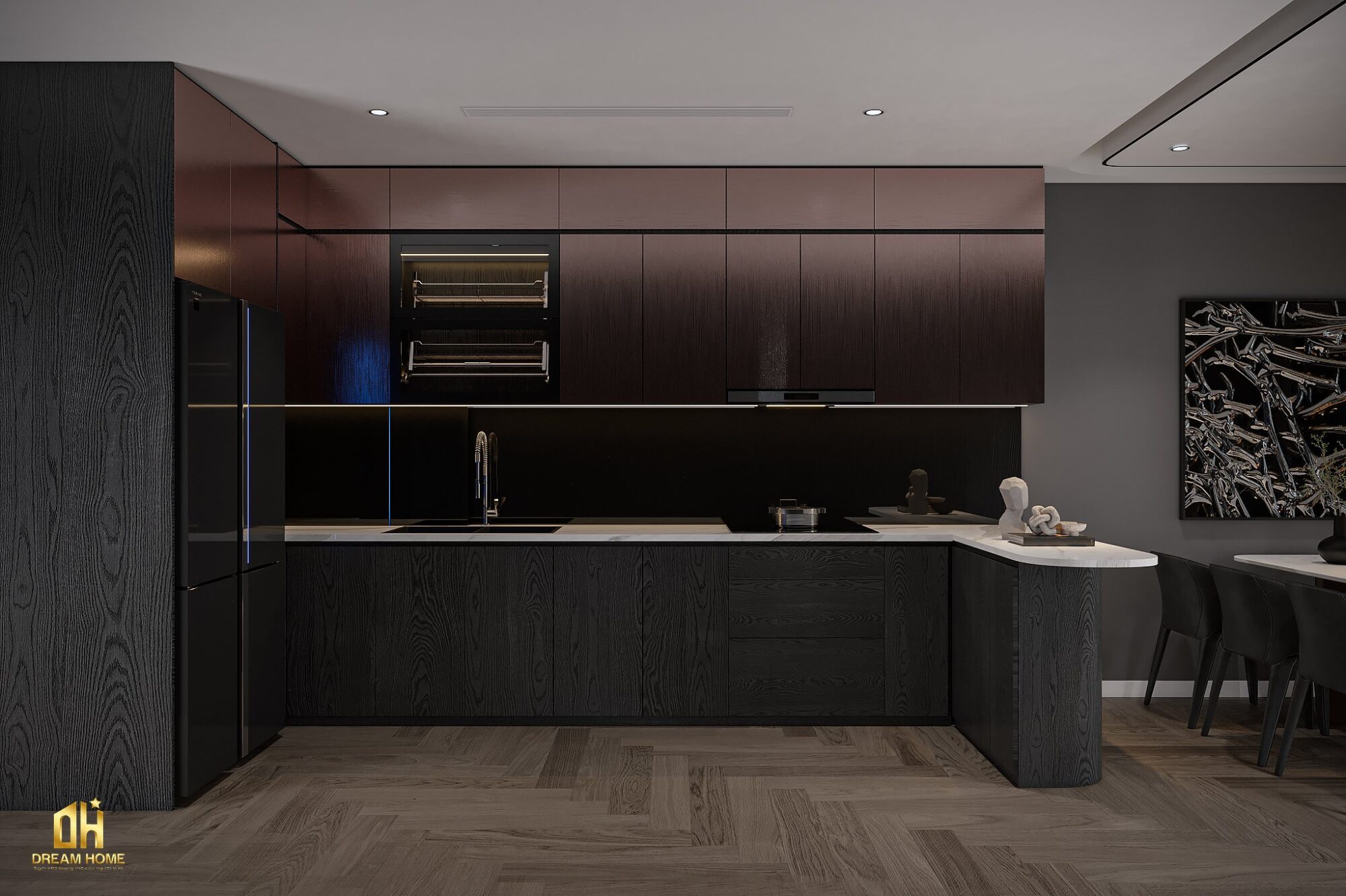 Sự kết hợp giữa màu sơn đen và vân gỗ mang lại sự độc đáo và phá cách cho không gian nhà bếp.