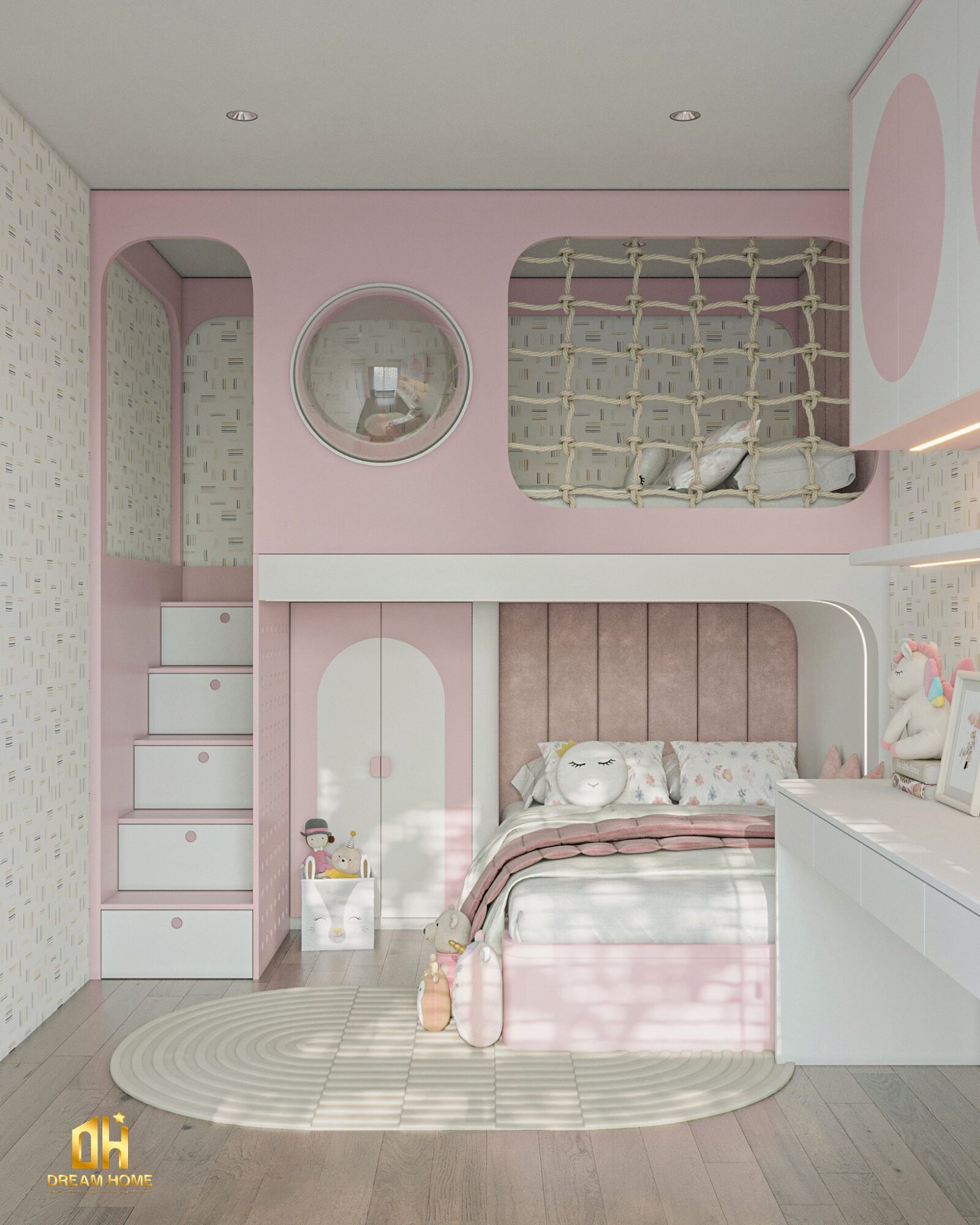 Giường ngủ được thiết kế xinh xắn và an toàn, với các chi tiết mềm mại và những mảng màu hồng dịu dàng