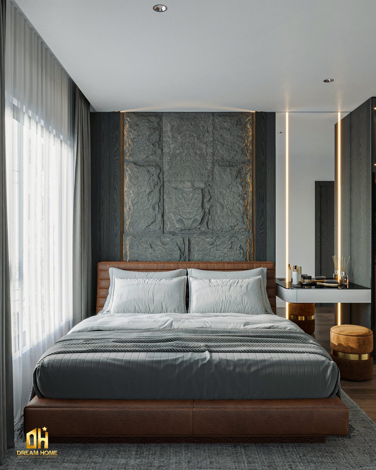 Giường được bọc da màu nâu cam tạo ra sự ấm áp và thoải mái, đồng thời phản ánh sự sang trọng và đẳng cấp. 