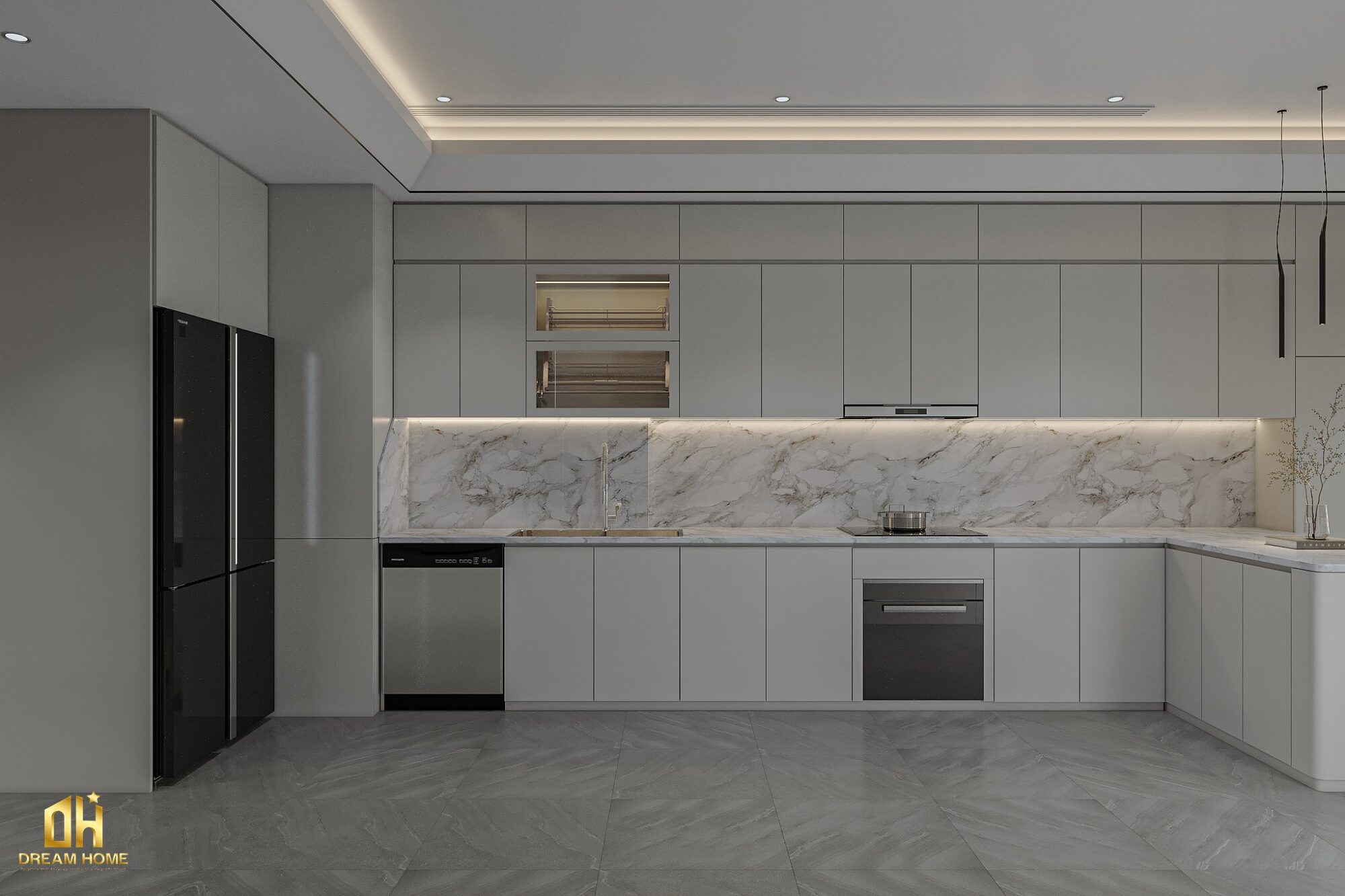 Các đường nét tinh tế, cùng với màu trắng nước gạo, tạo ra một không gian phòng bếp hiện đại và thanh lịch.