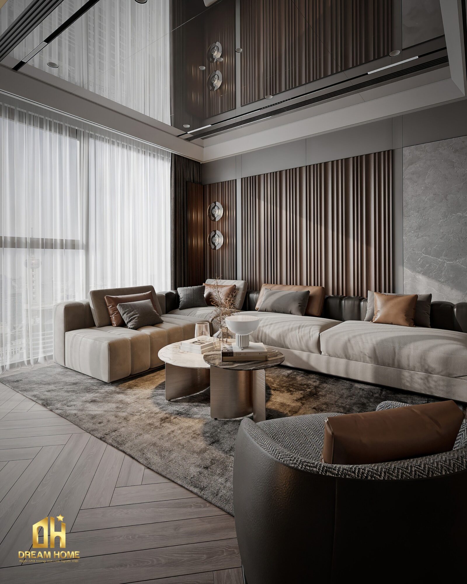 Ghế sofa là trung tâm của phòng khách, với sự kết hợp tinh tế giữa màu be và màu nâu trên ghế sofa đem đến sự thoải mái 