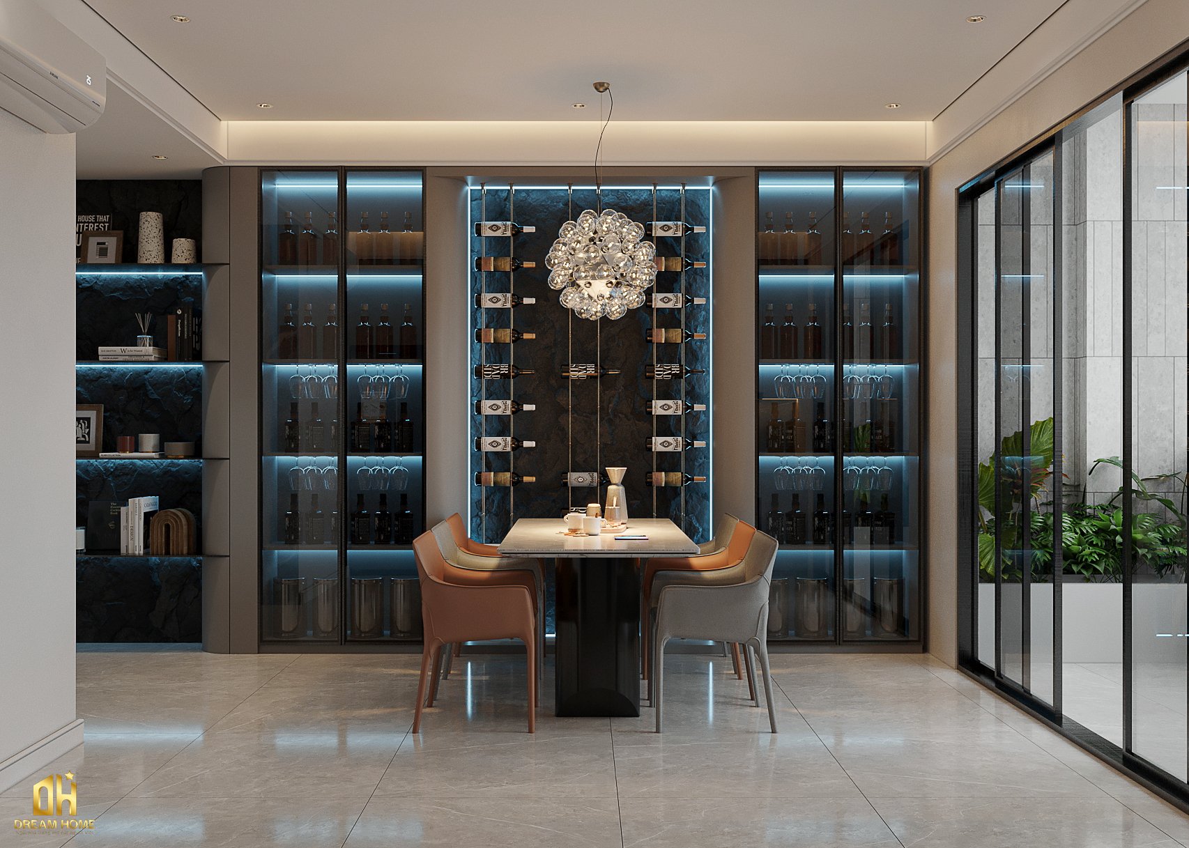 Các ly rượu được đặt trong tủ cánh kính chưng rượu tạo ra một không gian trưng bày sống động và ấn tượng.