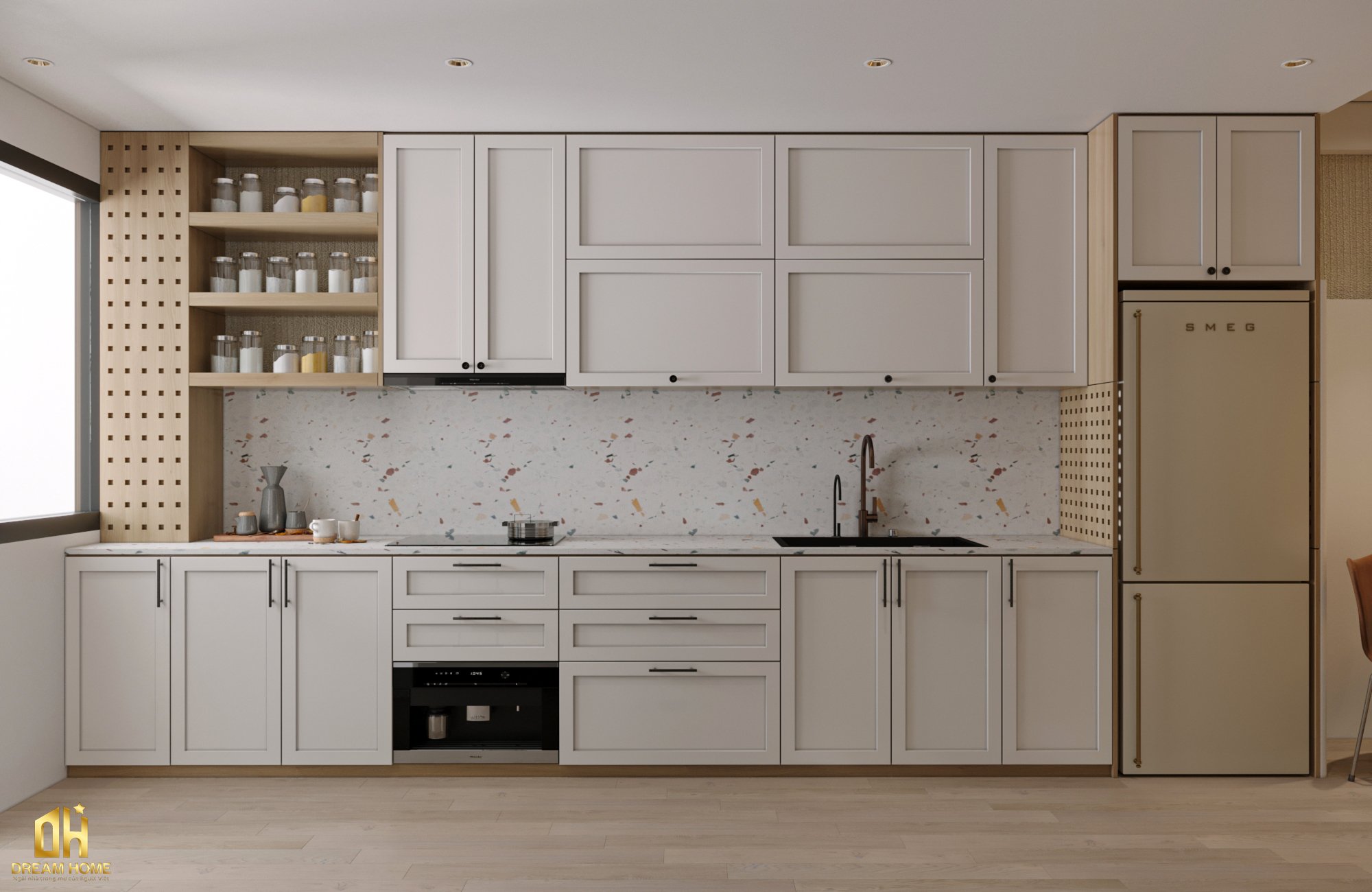 Màu trắng được sử dụng cho các phần trên của tủ bếp, tạo ra một cảm giác sáng sủa và rộng rãi.