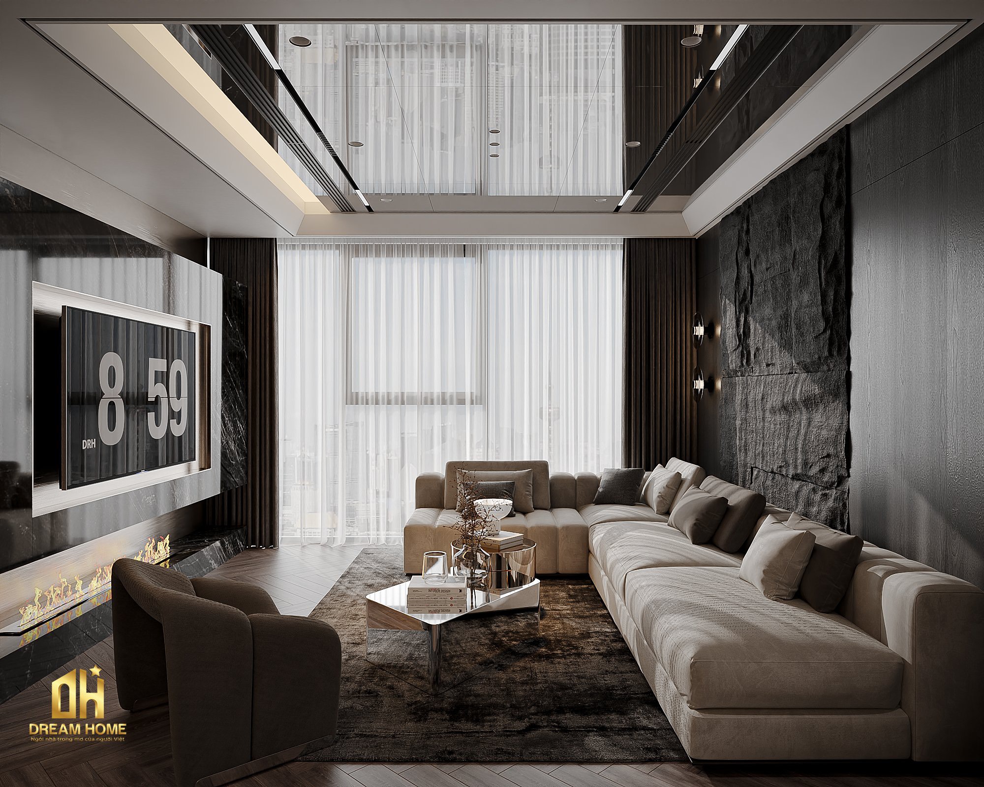 Thiết Kế Nội Thất Chung Cư Sunshine City - 104m2 5 Cửa kính lớn, đặc biệt là khi được kết hợp với trần gương, là nguồn ánh sáng tự nhiên lý tưởng.