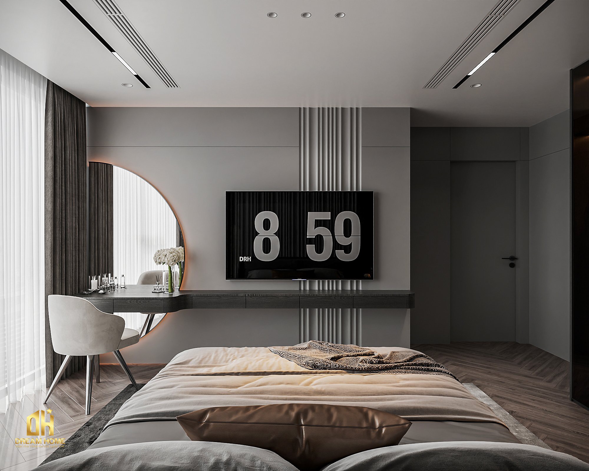 Thiết Kế Nội Thất Chung Cư Sunshine City - 104m2 11 Một chiếc tivi được đặt cùng với một bàn trang điểm tạo ra một góc làm đẹp và giải trí tiện lợi.
