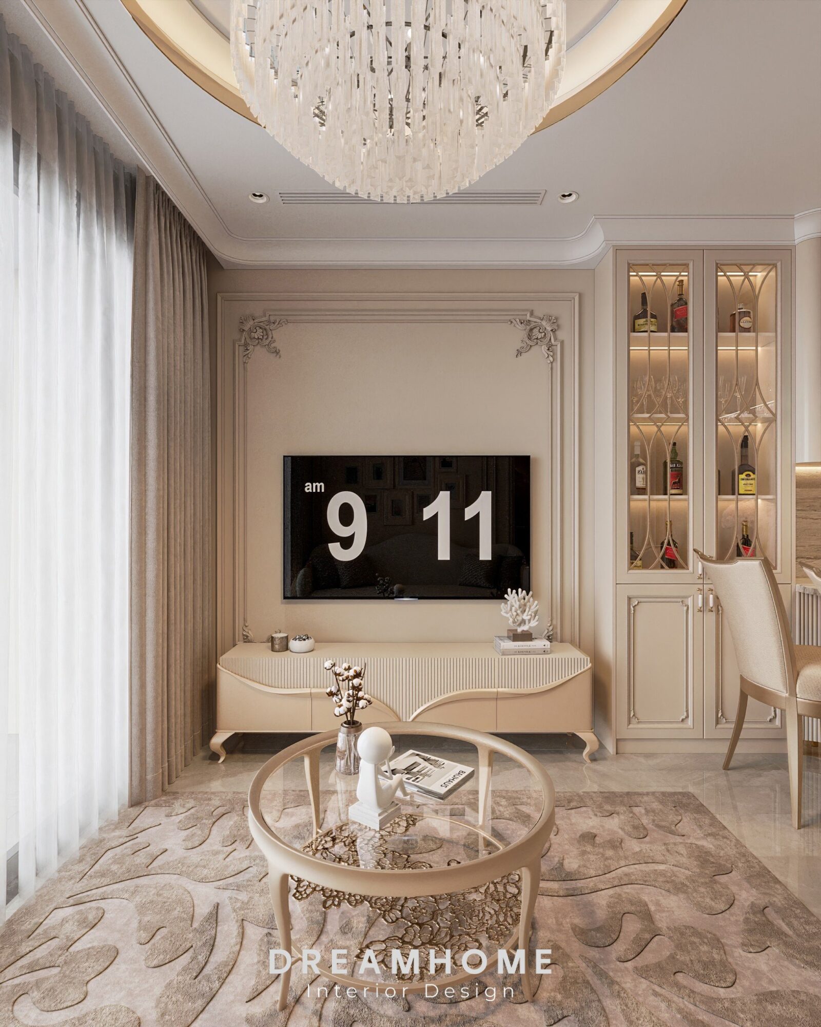 Thiết Kế Nội Thất Chung Cư Masteri - 45m2 3 Tủ kệ được thiết kế thanh lịch và nhẹ nhàng với những đường nét như một chiếc rèm được mở ra.
