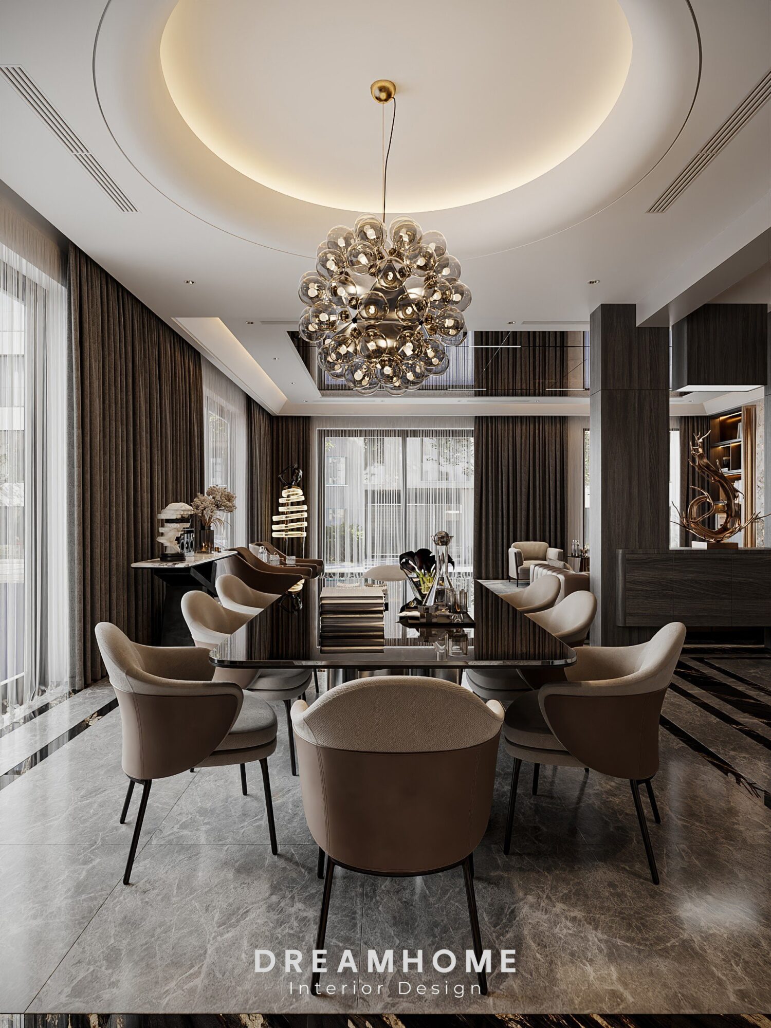 Thiết Kế Nội Thất Biệt Thự Hải Dương - 300m2 13 Màu sắc đen của kính cường lực còn giúp tăng cường hiệu ứng ánh sáng và tạo điểm nhấn cho không gian phòng ăn.