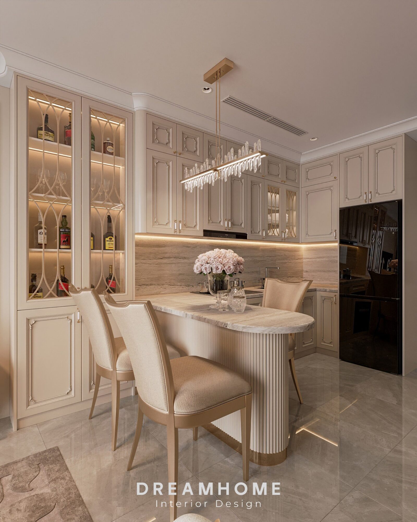 Thiết Kế Nội Thất Chung Cư Masteri - 45m2 4 Thiết kế không gian phòng bếp theo phong cách Neo-Classic mang đến vẻ đẹp sang trọng và ấm cúng.