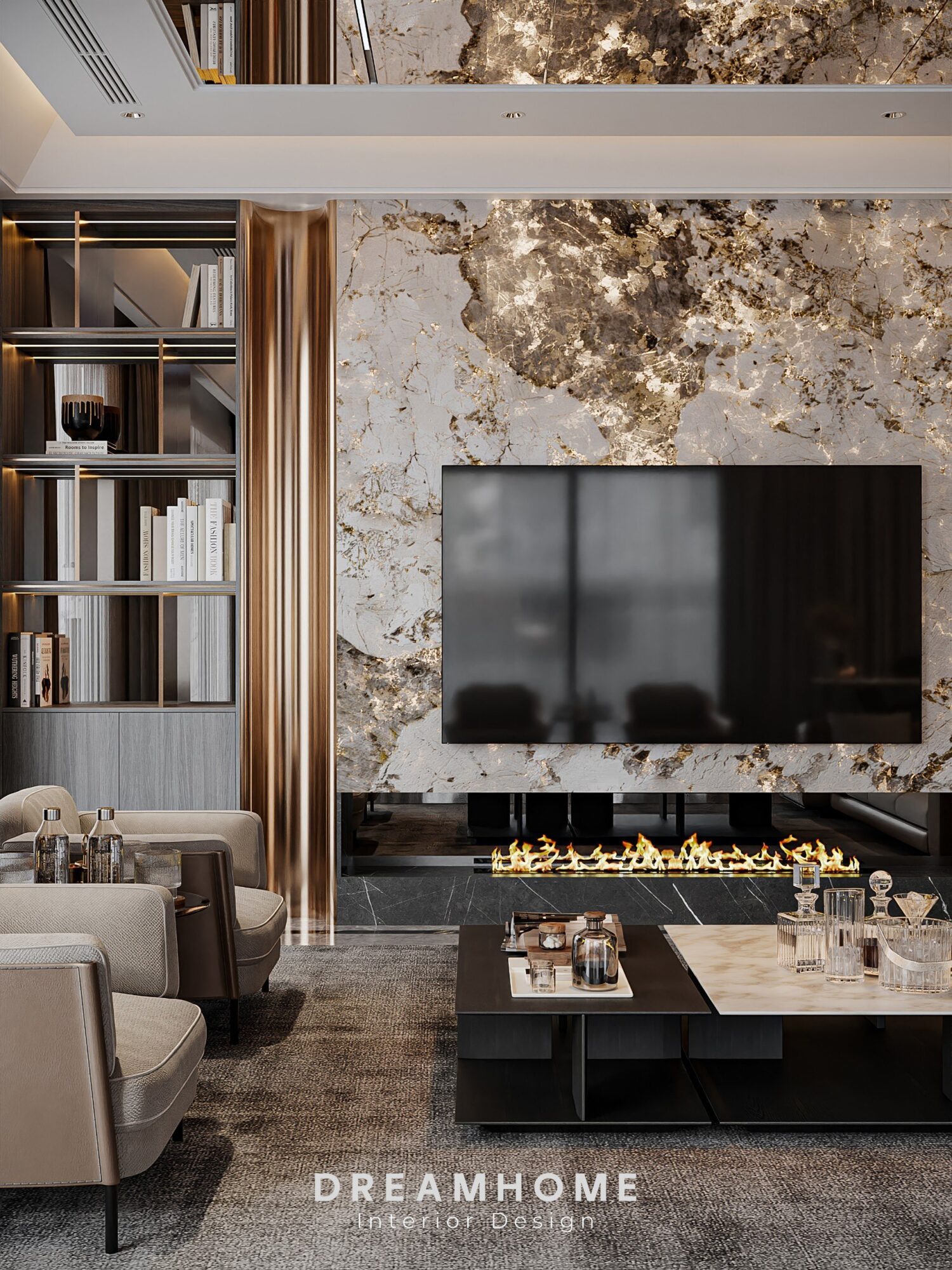 Thiết Kế Nội Thất Biệt Thự Hải Dương - 300m2 4 Vách ốp Tivi được sử dụng đá xuyên sáng màu vàng, tạo ra một điểm nhấn nổi bật và cuốn hút cho không gian